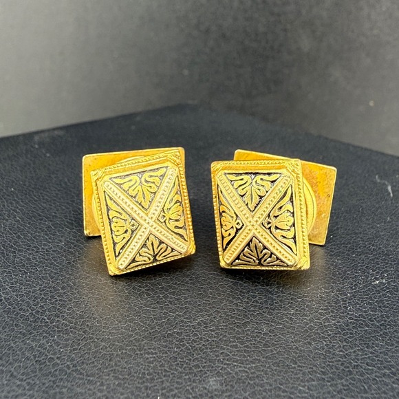 Estate Other - Vintage Damascene Cufflinks Gold Tone Black Enamel Geometric Scrollwork READ